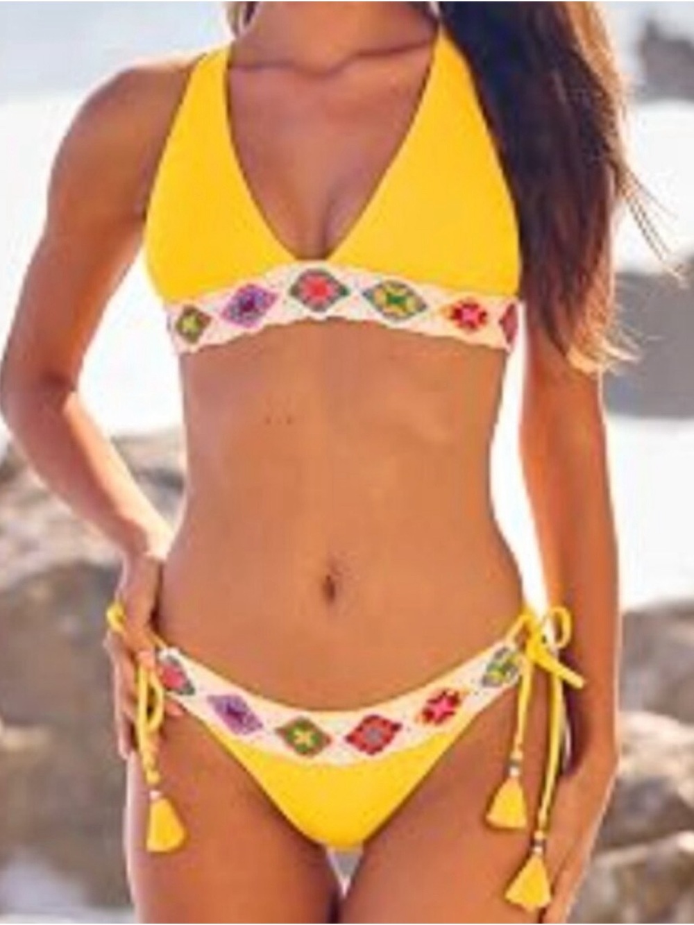 Isabella Rose Elegant Crocheted Bright Yellow 2-Piece Halter Bikini Size M